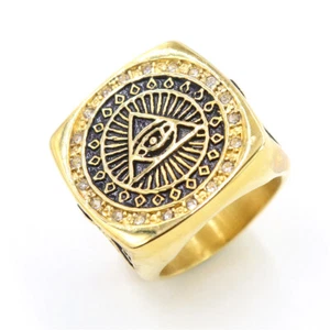 Gold Plated Mens Masonic Illuminati All Seeing Eye Square Ring Size 7-15 - Picture 1 of 5