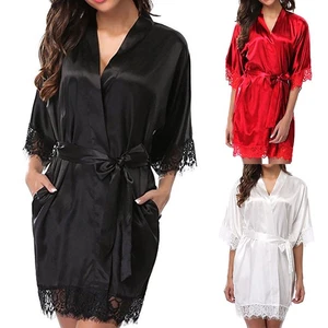 Damen Satin Morgenmantel kurz Kimono Negligee Nachtwäsche Bademantel Nachtmantel - Bild 1 von 16