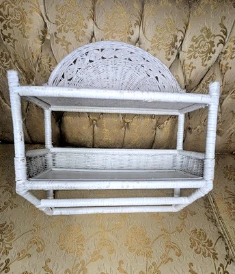 Vintage White Wicker Wall Shelf with Towel Bars Cottagecore Bathroom or Kitchen - Image 1 of 4