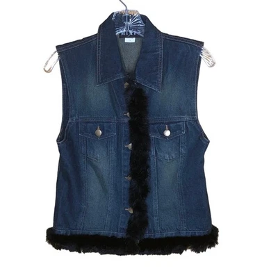 Mix It Dark Wash Denim Rabbit Fur Vest S - Image 1 of 4