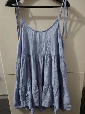 Vestido Aerie para mujer L azul mini acampanado nivel correa de corbata campana encanto rayas metálicas Foto 1 de 4