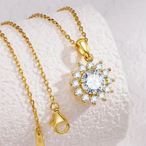 925Silver SunFlower Moissanite Pendant 18K Gold Finish Necklace Christmas Gift - Picture 1 of 14