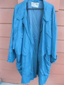 ARPINO Turquoise BLUE SILK COAT JACKET PARKA LARGE RETRO VINTAGE AU 14 16 L - Picture 1 of 4