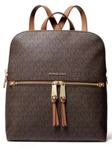Michael Kors Signature RHEA Slim Zip Backpack Medium Brown/Acorn MSRP $358 - Picture 1 of 6