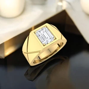 Mens Emerald Cut Diamond Ring 1.50 Ct IGI Lab Grown Gold 14K Yellow Band 9 10 11 - Picture 1 of 10