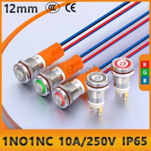 12mm Metall Rund Drucktaster Druckschalter Rastend Tastend KFZ LED Rot Grün Blau - Picture 1 of 21