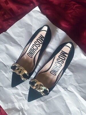 MOSCHINO  Suede Black Leather  Pumps Chain Accents Italian 37/ U.S 7 Authentic - Image 1 of 4