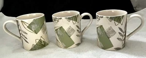 THREE 3.75" Mugs - Corelle TEXTURED LEAVES Stoneware - Sandstone, green leaves - Picture 1 of 6