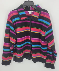 Talbots Jacket Womens Large Black Pink Blue Stripe Fleece Button Front Coat - Picture 1 of 7