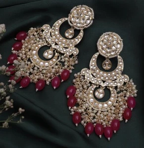 Indian Gold Plated Bollywood Style Kundan Jhumka Earrings Enameled Jewelry Set - Picture 1 of 1