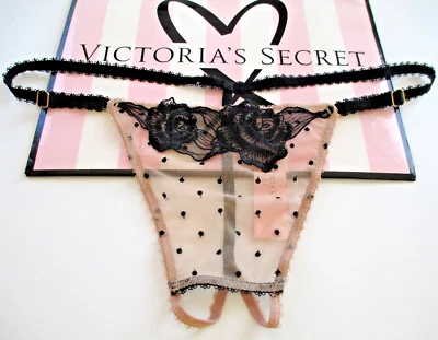 VICTORIA'S SECRET VERY SEXY V-String Thong Panty VS Black Mesh Dot S M L XL Open - Image 1 of 4