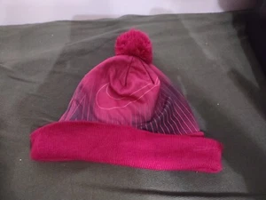 Nike Beanie Stocking Cap Hat with Pom Pom Pink Knit Cuff Youth Boys Girls - Picture 1 of 4