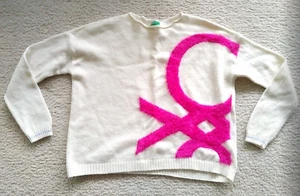 Benetton Pullover Hot Pink Logo Creme Elfenbein Rundhals Langarm Kinder XL Damen S - Bild 1 von 17