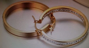 NEW CRYSTAL INSIDE OUT HOOP RHINESTONE EARRINGS STAINLESS 18k YELLOW GOLD 1.25" - Picture 1 of 9