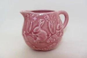 Pink Creamer Pitcher Vtg Bordallo Pinheiro Portugal Bunny Rabbits Carrots Easter - Picture 1 of 8