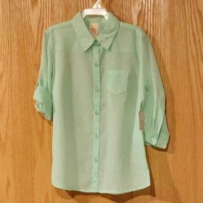 New Girls Faded Glory Chiffon Button Up Shirt Roll Tap sz 7/8 Sweet Mint  -4122 - Image 1 of 4