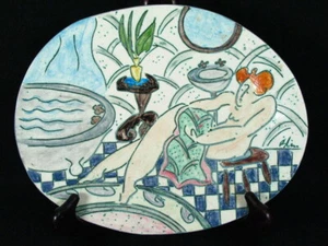 Signed Blin Art Pottery Wall Plaque Incised Figurative Nude Woman Portrait  - Picture 1 of 5