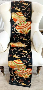 Vintage Japanese Black/Gold/Multi Silk Satin 'Spinning Tops’ Fukuro-Obi 4 Kimono - Picture 1 of 24