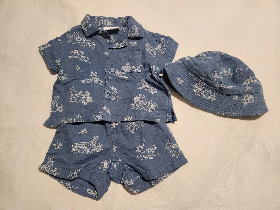 NUEVO CON ETIQUETAS Bebé Gap Niños Peter Rabbit Camisa Pantalones Cortos Sombrero Conjunto 3 Piezas Conjunto 3-6 Meses Foto 1 de 1