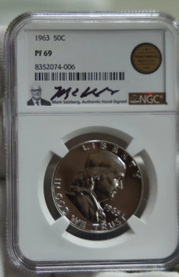 1963 US Franklin Half 50c NGC PF69 Salzberg Signed - Image 1 of 2