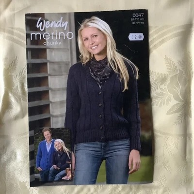 Wendy Merino knitting pattern 5647.  Cardigan, Chunky 32-44" NEW, old stock - Image 1 of 3