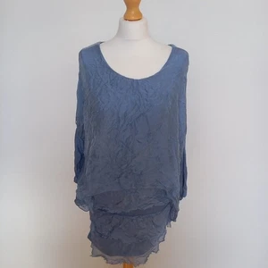 Made In Italy One Size Pale Blue Silk Oversized Scoop Neck Blouse Top Tiered Hem - Picture 1 of 10