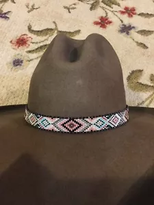 NATIVE Handmade Beaded Hatband HAT BAND TURQUOISE PINK GRAY BLACK SOFT DEERSKIN - Picture 1 of 1