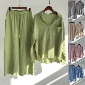 Ladies Shirt Pants 2 Piece Set Loose Solid Blouse Wide Leg Trousers Plus Size UK - Picture 1 of 21