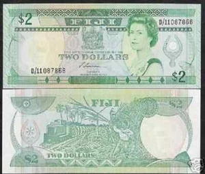 FIJI ISLANDS 2 DOLLARS P-90a 1995 x 1 Pcs Young QUEEN TRAIN SUGARCANE UNC NOTE - Picture 1 of 7