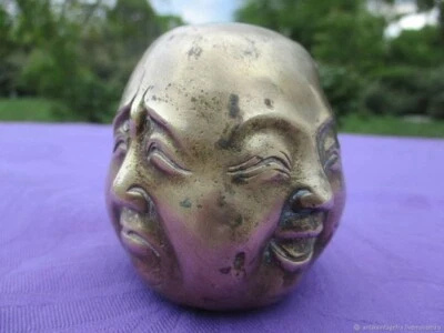 Figurine ancienne signée Tête à 4 visages Bouddha bronze Japon - Photo 1/4