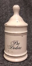 ELI LILLY APOTHECARY JAR 7” PAINTED GLASS PRO DOLORE WHITE GOLD TRIM 1957