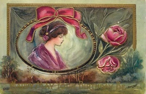S/A Postcard Ryan Happy Birthday Art Nouveau Woman & Camelias 6307 Embossed - Picture 1 of 2