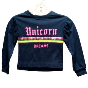 Navy-Blue Long Sleeve T-Shirt with Unicorn Dreams Sequined Front - Size 5, Girl - Picture 1 of 3