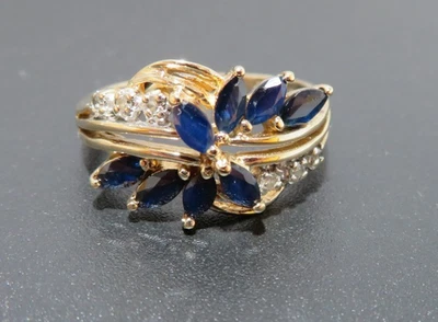 ANILLO CON RACIMO DE DIAMANTES Y ZAFIRO AZUL NATURAL 14K YG TALLA 6,25 3,05 gramos (G134169-1 Foto 1 de 4