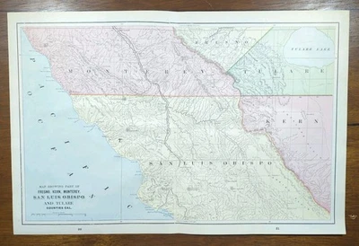 Mapa CA 1893 FRESNO KERN MONTEREY SAN LUIS OBISPO ~ Antiguo Original Foto 1 de 4