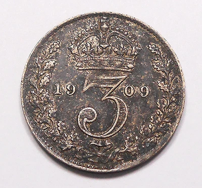Great Britain 1909 SILVER 3 Pence XF ** HIGH Grade TONED King Edward VII UK Coin - Image 1 of 2