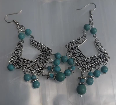 Two Pairs of Silver-color Rhombus Howlite Bead Earrings - Image 1 of 2