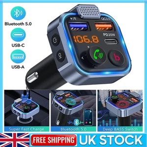 20W Car Bluetooth Wireless FM Transmitter MP3 Player USB PD Fast Charger Adapter - Picture 1 of 12