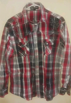 Camisa PJ Petrol Para Hombres Grande Perla a Presión Bolsillos Negra Roja Blanca A Cuadros. Bordada Foto 1 de 4