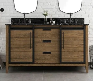 allen + roth 60-in Summer Oak Double Sink Bathroom Vanity with Black Marble Top - Picture 1 of 9