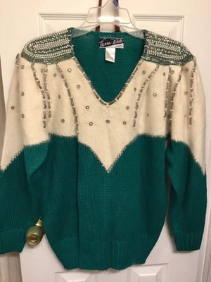 Suéter vintage Vanna blanco para mujer con cuentas mezcla de lana almohadillas para el hombro años 80’s talla L Foto 1 de 4