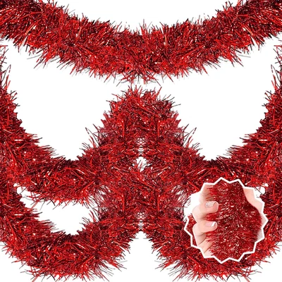 50 Feet Red Christmas Tinsel Garland, Metallic Foil Twist Banner Wall Hanging Ti - Image 1 of 4