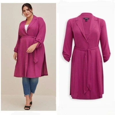 Trench coat tórrido ligero de gasa fucsia manga 3/4 bolsillos más 5X Foto 1 de 4