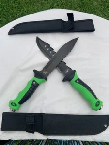 2 TAC XTREME Fixed 12" Black Blade Knife w/Sheaths Green and Black Handle - Picture 1 of 9