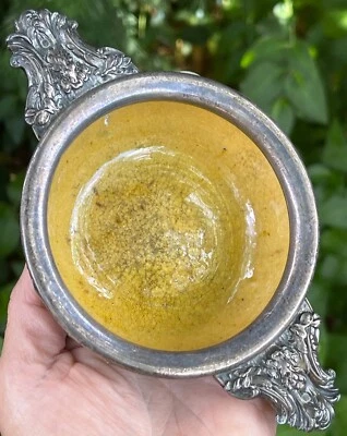 Antiguo Cenicero Porringer Cerámica Plata de Ley Mango A Foto 1 de 4