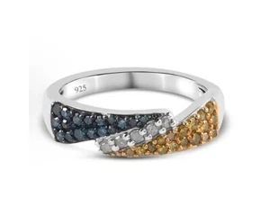 Diamond Ring in Platinum Overlay Silver White, Blue and Yellow Diamond 0.47 Ct. - Picture 1 of 8