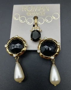 Vintage Roman Gold Tone Black Stone Faux Pearl Teardrop Pendant Clip Earring Set - Picture 1 of 7