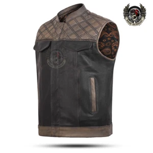 Chaleco de cuero marrón para hombre para moto marrón forro de cachemira chaleco de motocicleta - Imagen 1 de 6