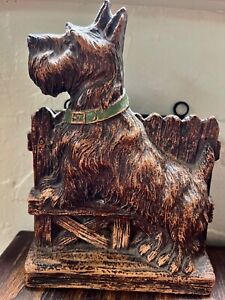 Antique Vintage Scottie Dog Syrocco Wood Wall Pocket Curios Box