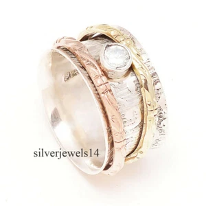 CRISTAL 925 PLATA ESTERLINA LATÓN COBRE ANILLO GIRATORIO MEDITACIÓN JOYERÍA gs66 - Imagen 1 de 3
